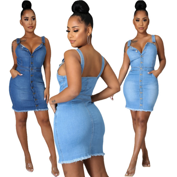 New women's wash water milled white sleeveless sling backless sexy denim dress A3271
