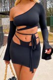 Two-piece women's solid color slanted shoulder flared sleeve lace-up skirt two-piece AJ4339