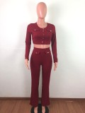 Pit striped long-sleeved top + wide-leg pants suit two-piece QJ5307