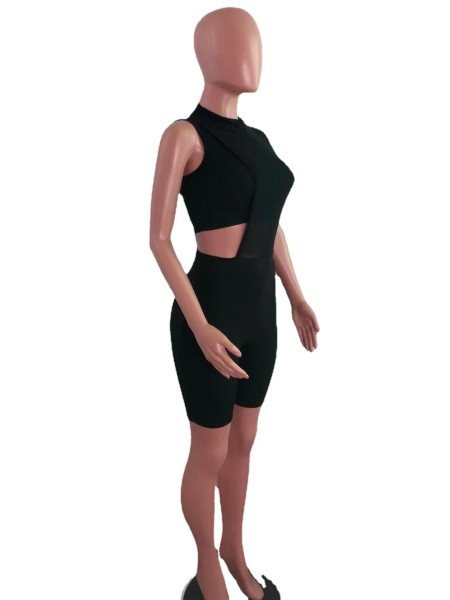 Fashion asymmetric pit strip one-shoulder mesh two-piece suit AJ4340