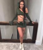 Two-piece women's solid color slanted shoulder flared sleeve lace-up skirt two-piece AJ4339