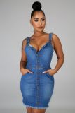 New women's wash water milled white sleeveless sling backless sexy denim dress A3271