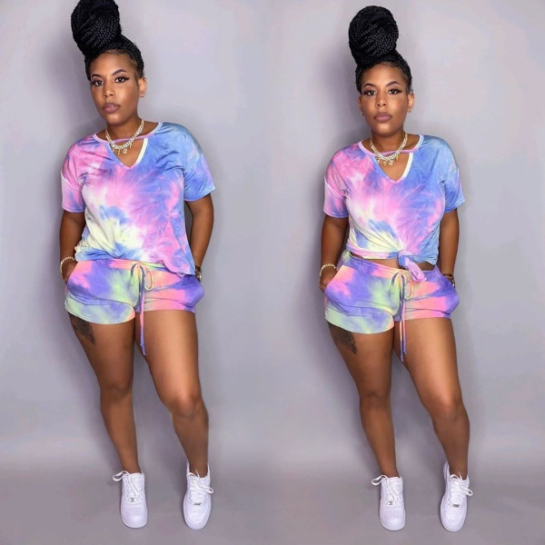 Tie-dye V-neck casual fashion home sports shorts two-piece suit AJ4204