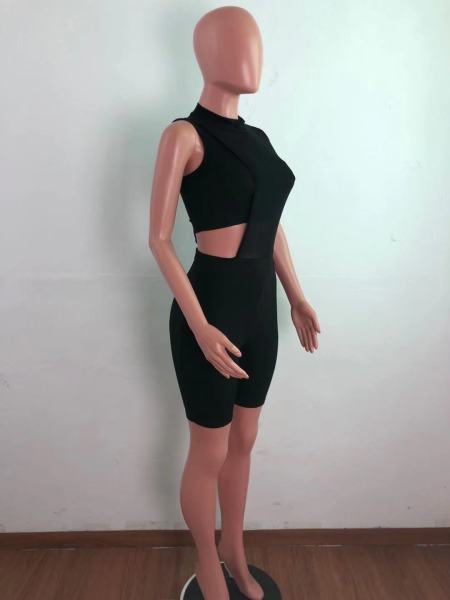 Fashion asymmetric pit strip one-shoulder mesh two-piece suit AJ4340