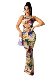 Stretch digital print long dress AJ4346