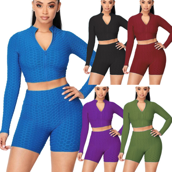 Women's tight-fitting pineapple pattern solid color long-sleeved leisure yoga sports suit AJ4342