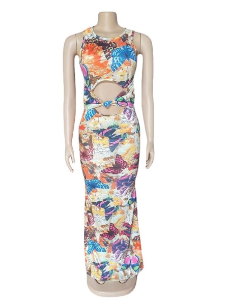 Stretch digital print long dress AJ4346