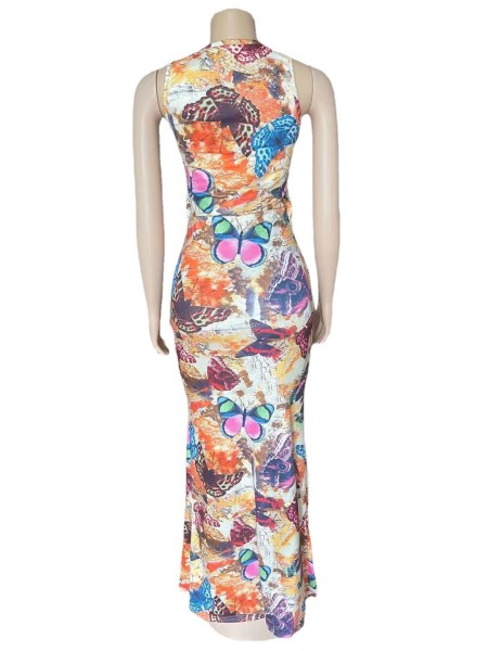 Stretch digital print long dress AJ4346