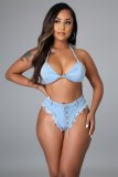 Two-piece sexy bikini denim suit with straps and tassels A3282