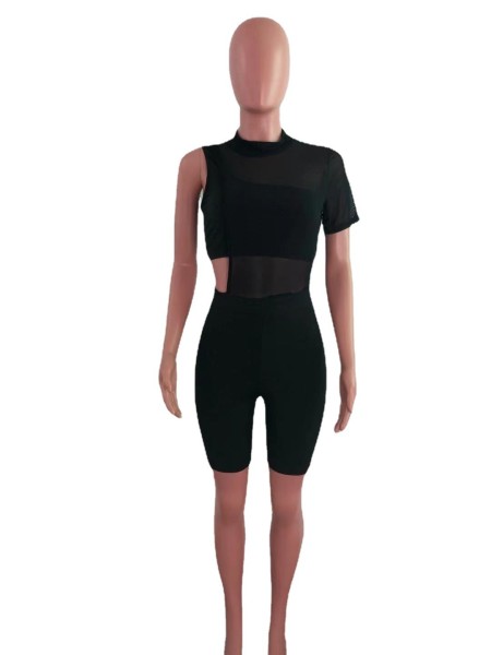 Fashion asymmetric pit strip one-shoulder mesh two-piece suit AJ4340