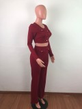 Pit striped long-sleeved top + wide-leg pants suit two-piece QJ5307