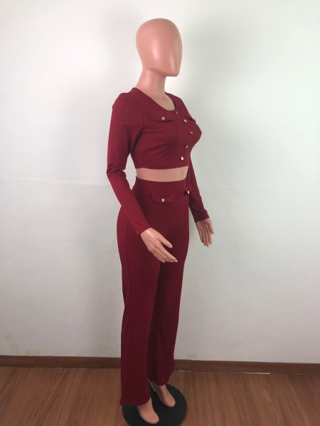 Pit striped long-sleeved top + wide-leg pants suit two-piece QJ5307