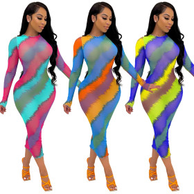 See-through wood ear print color slim jumpsuit XM6127