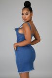 New women's wash water milled white sleeveless sling backless sexy denim dress A3271
