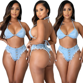 Two-piece sexy bikini denim suit with straps and tassels A3282
