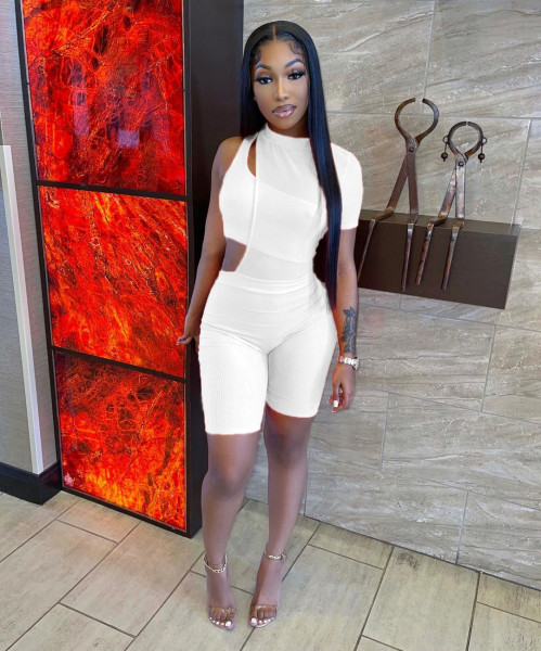 Fashion asymmetric pit strip one-shoulder mesh two-piece suit AJ4340