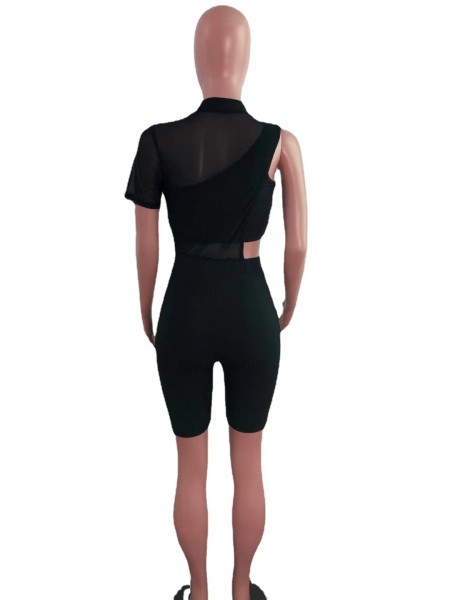Fashion asymmetric pit strip one-shoulder mesh two-piece suit AJ4340