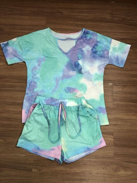 Tie-dye V-neck casual fashion home sports shorts two-piece suit AJ4204