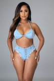 Two-piece sexy bikini denim suit with straps and tassels A3282