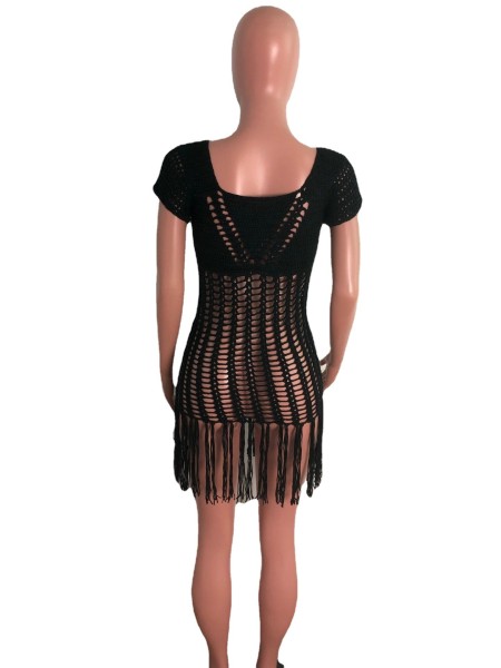 Long fringed beach skirt with fringed front and back woven in Europe and America AJ4330