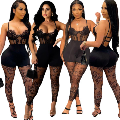 Fashionable Cartilage Bunch Lace Eyelash Side Sling Jumpsuit Adjustable QJ5259