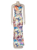 Stretch digital print long dress AJ4346