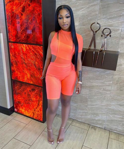 Fashion asymmetric pit strip one-shoulder mesh two-piece suit AJ4340