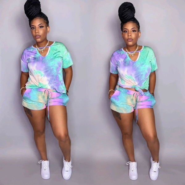 Tie-dye V-neck casual fashion home sports shorts two-piece suit AJ4204