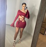 Two-piece women's solid color slanted shoulder flared sleeve lace-up skirt two-piece AJ4339