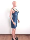 New women's wash water milled white sleeveless sling backless sexy denim dress A3271