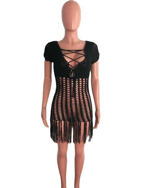 Long fringed beach skirt with fringed front and back woven in Europe and America AJ4330