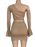 Two-piece women's solid color slanted shoulder flared sleeve lace-up skirt two-piece AJ4339