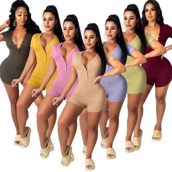 V-neck buttoned short-sleeved jumpsuit high-waisted personality pit strip jumpsuit AJ4337