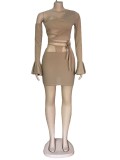Two-piece women's solid color slanted shoulder flared sleeve lace-up skirt two-piece AJ4339