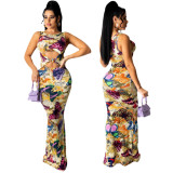 Stretch digital print long dress AJ4346