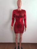 Fashion European and American bronzing burnt flowers hollow stretch long-sleeved dress XM6126