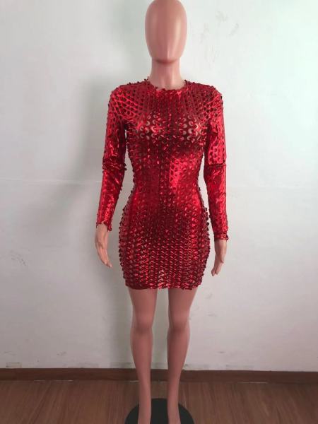 Fashion European and American bronzing burnt flowers hollow stretch long-sleeved dress XM6126