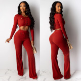 Pit striped long-sleeved top + wide-leg pants suit two-piece QJ5307