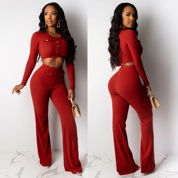 Pit striped long-sleeved top + wide-leg pants suit two-piece QJ5307