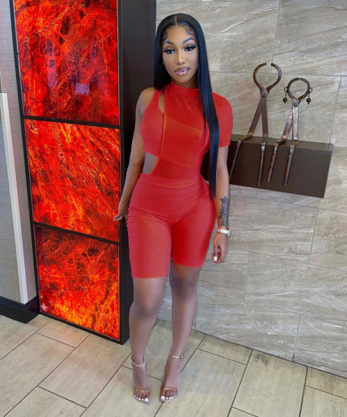Fashion asymmetric pit strip one-shoulder mesh two-piece suit AJ4340