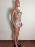 Two-piece sexy bikini denim suit with straps and tassels A3282