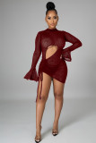 Mesh see-through drawstring pleated flared sleeve casual sexy dress A3279