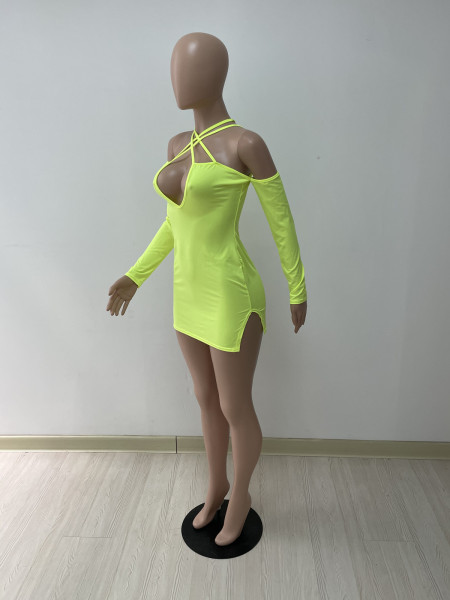 Deep V halterneck double side high slit ultra short mini dress DY1073