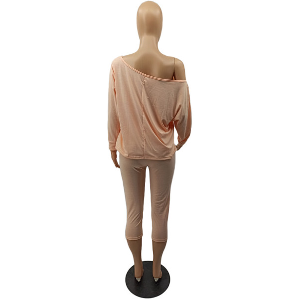 Slant shoulder loose large size women's two-piece fashion casual suit DY1008