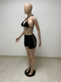 Simple and fashionable pure color halter neck double-sided burnt flowers tied rope bikini two-piece set DY1082
