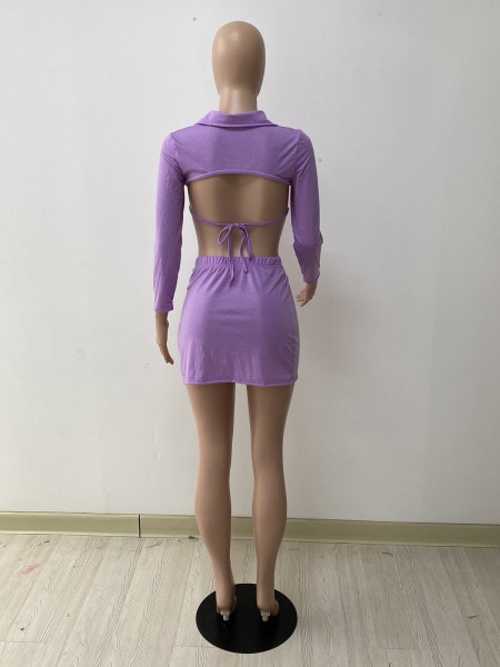 Solid color nude back drawstring T-shirt two-piece short skirt with side slits DY1079
