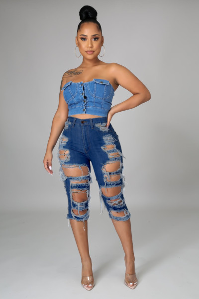 High-rise temperament commuter ripped washed jeans A3267