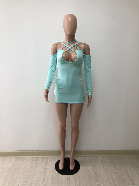 Deep V halterneck double side high slit ultra short mini dress DY1073