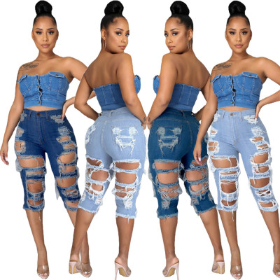 High-rise temperament commuter ripped washed jeans A3267