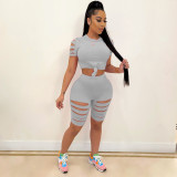 Two-piece sexy casual sports suit with solid color burnt holes and navel exposed A3277